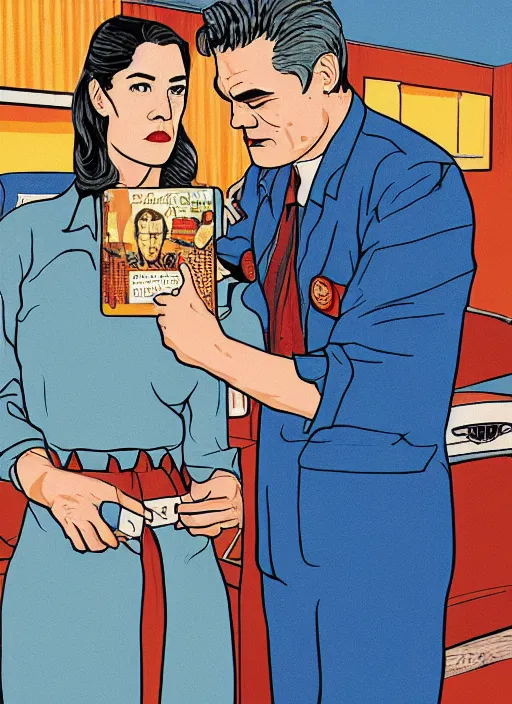 Image similar to Twin Peaks art, of Michael Shannon dressed as mechanic talking to Jennifer Connelly wearing light blue diner waitress dress, poster artwork by James Edmiston, from scene from Twin Peaks, simple illustration, domestic, nostalgic, from scene from Twin Peaks, clean, New Yorker magazine cover