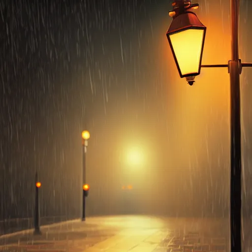 Image similar to an orange tabby cat walking on a sidewalk, it is night and raining, bushes in the background, street lamps are illuminating the street, moody lighting, peaceful atmosphere, digital art, highly detailed, high contrast, beautiful lighting, award winning, trending on art station, 8 k,