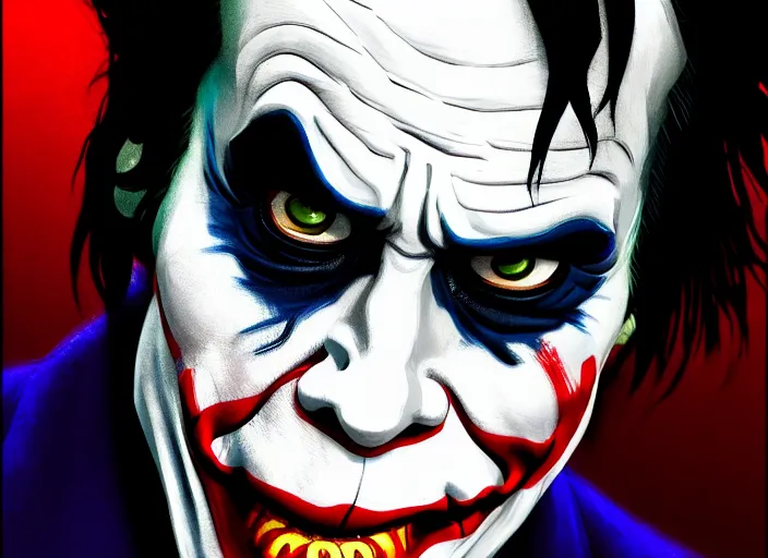 Image similar to a film still portrait of jim carrey joker, finely detailed features, closeup of face, cinematic lighting, perfect art, night cyberpunk city, intricate, anime, gapmoe grimdark, artstation, trending on pixiv fanbox, painted by greg rutkowski makoto shinkai takashi takeuchi studio ghibli, akihiko yoshida, 4 k