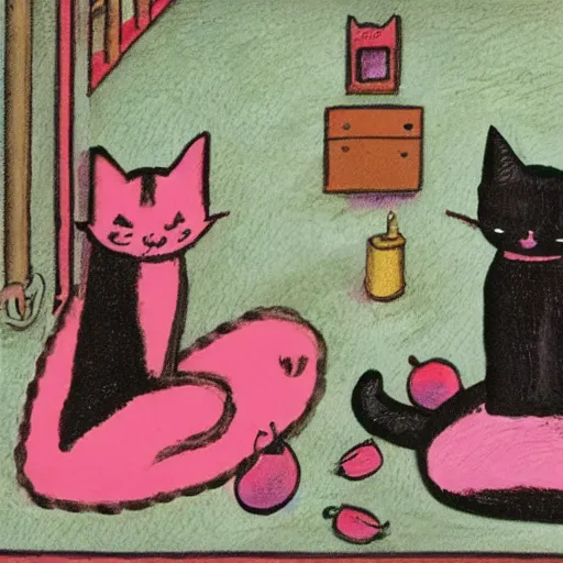 Image similar to cat and a cat - girl sitting across each other on the floor with rhubarb between them, looking in the eyes, tension in the air