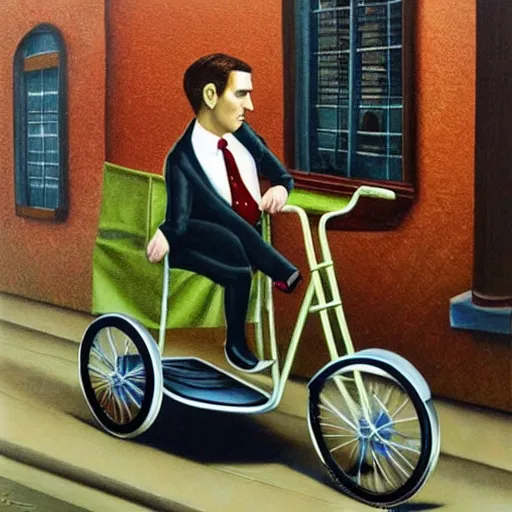 Prompt: Michael Scott on a tricycle, lowbrow painting by Mark Ryden