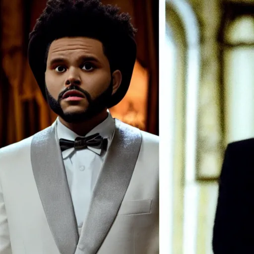 Image similar to Live Action Still of The Weeknd in The Godfather, real life, hyperrealistic, ultra realistic, realistic, highly detailed, epic, HD quality, 8k resolution, film still