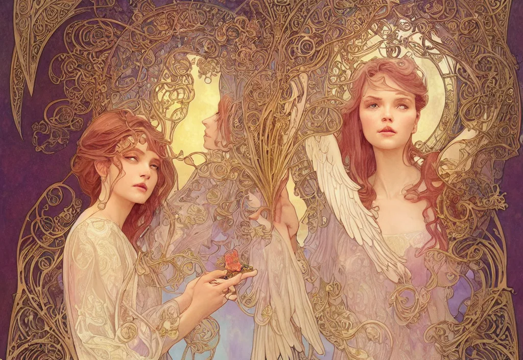 Image similar to angel, highly detailed, very intricate, art nouveau, gold filigree, romantic storybook fantasy, soft cinematic lighting, award - winning, disney concept art watercolor illustration by mandy jurgens and alphonse mucha and alena aenami, pastel color palette, featured on artstation