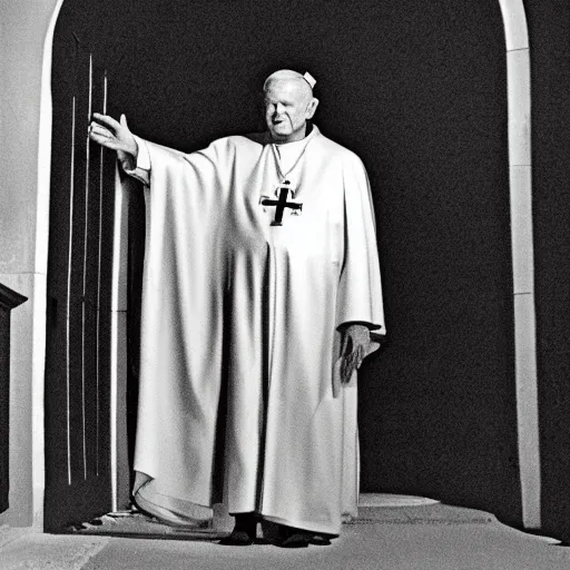 Image similar to award - winning photograph of john paul ii standing in the entrance to a small burning church building, at night, pitch black, christian cross