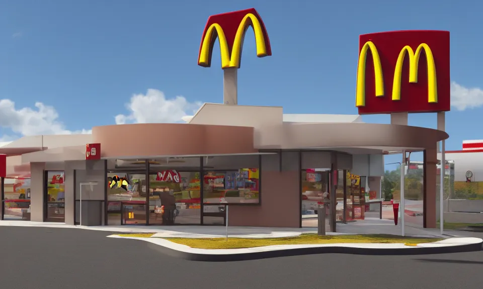 Prompt: exterior shot of a mcdonalds, abstract architecture, archviz, render, highly detailed, 4 k, surrealistic, ultra realism