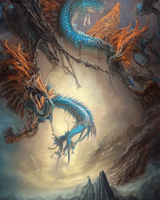 Prompt: a beautiful detailed 3d matte painting of female blue dragon of the dead, by ellen jewett, by tomasz alen kopera, by Justin Gerard, ominous, magical realism, Magic the gathering playing card, texture, intricate, ornate, royally decorated, skull, skeleton, whirling smoke, embers, radiant colors, fantasy, trending on artstation, volumetric lighting, micro details, 3d sculpture, ray tracing, 8k