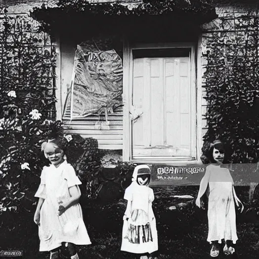 Image similar to alien in grandma's village is photographed with friends against the backdrop of an old house, top secret style photo, 7 0 s