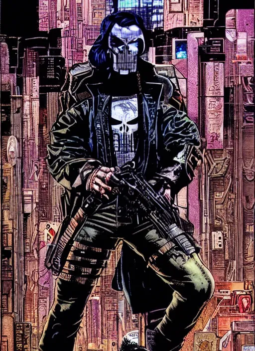 Image similar to cyberpunk the punisher. portrait by clyde caldwell and jean giraud and will eisner and gil elvgren