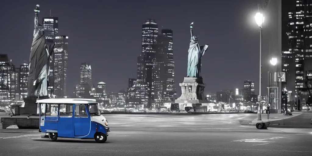 Image similar to a lonely blue tuk tuk with the statue of liberty in the background, night, full color