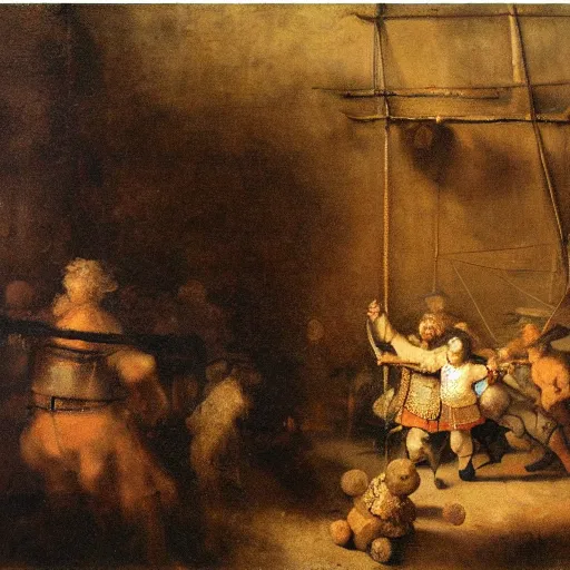 Prompt: two giants box each other on the arena, while small humans watch, oil painting by Rembrandt