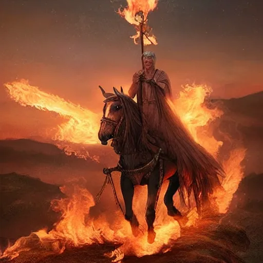 Image similar to Beautiful hyperrealistic detailed matte painting of a 60 year old man in Biblical outfit standing on an ancient chariot made of fire. Firey horses. nightime.