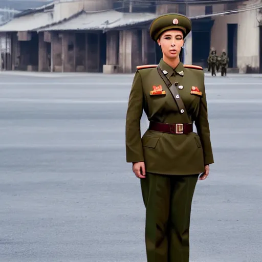 Image similar to professional photograph of kim kardashian wearing a north korean military dress uniform and standing in a busy street in pyongyang, 8 k, very detailed, very intricate,