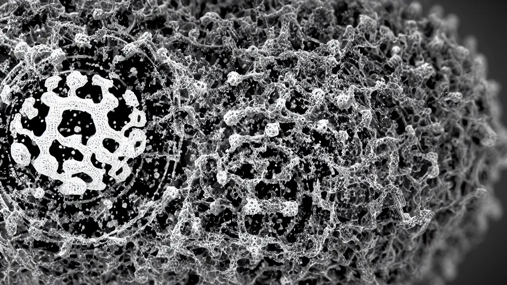 Image similar to beautiful 3 d closeup photo of deadly virus infecting a cell, seen through a microscope, detailed, high contrast, dark, sinister, ambient, monochrome, depth of field, scientific illustration, 8 k, octane render