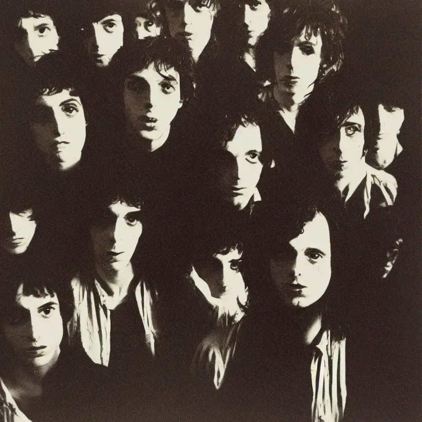 Prompt: a few men standing next to each other in a dark room, an album cover by Syd Barrett, pinterest, mannerism, antichrist, top lighting, 1970s