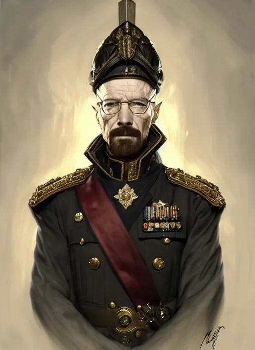 Prompt: portrait of supreme leader walter white, royalty, extravagant, lord, full body, military uniform, fantasy, intricate, elegant, beautiful, highly detailed, charcoal, centered, dark, smokey, digital painting, artstation, concept art, art by artgerm and greg rutkowski and alphonse mucha