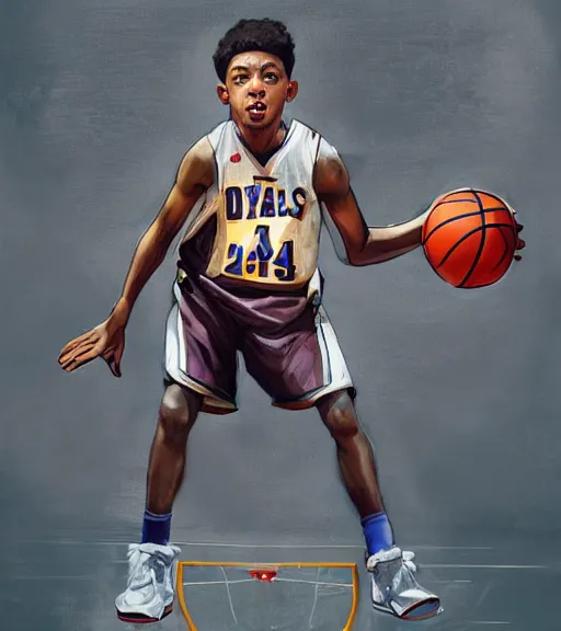 Image similar to portrait of a boy at a basketball court playing basketball wearing a basketball uniform in a basketball court standing near the basketball hoop, poised, intense emotion, detailed facial expression, detailed surroundings, intricate, elegant, highly detailed, centered, digital painting, artstation, concept art, smooth, sharp focus, illustration, by Peter Mohrbacher, WLOP