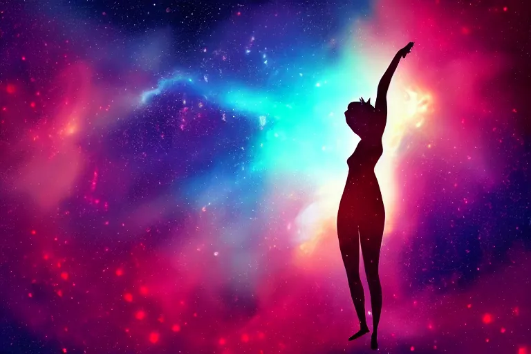 Image similar to silhouette of a girl laying horizontally but floating and exploding into incredible stars and nebula, digital art trending on artstation