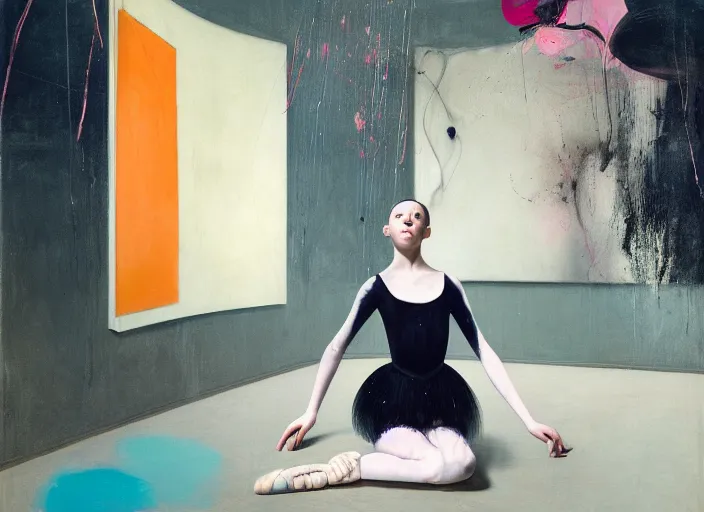 Image similar to portrait of nervous young girl ballerina sitting on the floor focusing in a dance hall by beeple and hernan bas and francis bacon and pat steir and hilma af klint, psychological, photorealistic, symmetrical face, dripping paint, washy brush, matte painting, rendered in octane, altermodern, masterpiece