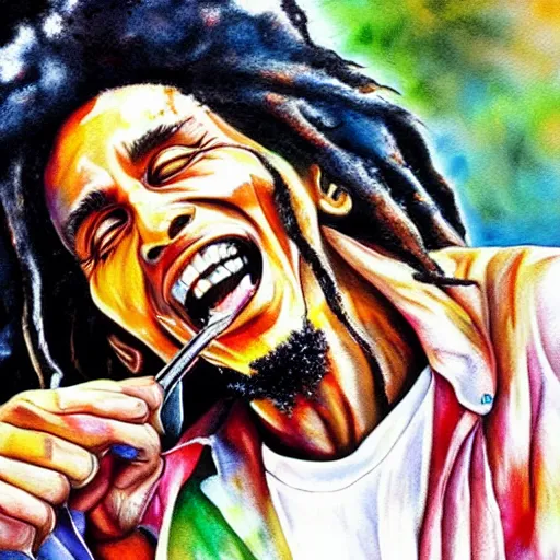 Prompt: realistic detailed painting, poison acid on the street, the titled from this hyper realistic painting which are very detailed is bob marley watercolor