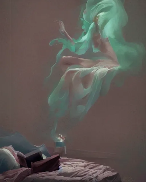 Image similar to a woman floating abover her bed at night, astral projection, green smoke! surreal concept art, lifelike, photorealistic, digital painting, aesthetic, smooth, sharp focus, artstation hd, artgerm and by greg rutkowski, bruce pennington, valentina remenar, rhads, asher duran,