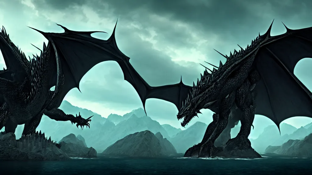 Image similar to Ancalagon the black, the biggest dragon that ever lived, over towering the huge mountains of Thangorodrim, in focus, epic, cinematic lighting, Unreal Engine 5, film key art, Bloom, dramatic lighting, cg artist