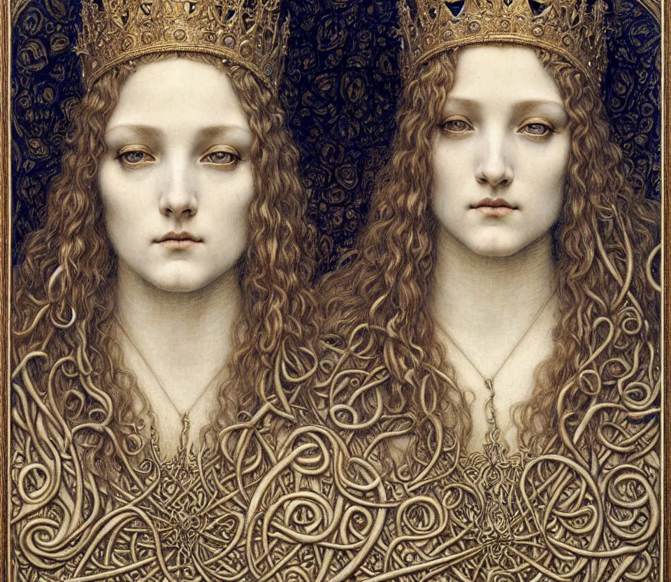 Image similar to detailed realistic beautiful young medieval queen face portrait by jean delville, gustave dore and marco mazzoni, art nouveau, symbolist, visionary, gothic, pre - raphaelite. horizontal symmetry