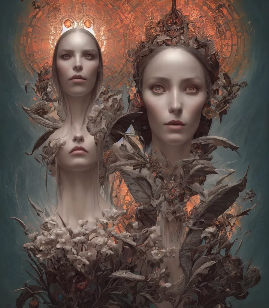 Prompt: symmetry!! the portrait of the absurdly beautiful woman, octane render, symmetrical face, maximalist details, fractal enviroment, octane render 8 k, trending in cgsociety, a beautiful painting by gerald brom, peter mohrbacher, sophie anderson