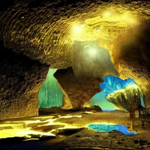 Image similar to a diamond mine, lots of diamonds unearthed, a lights is being reflected all around the dark cave mine, luminous Color’s, murial art, concept art.