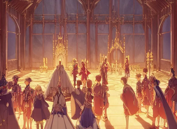 Image similar to key anime visual portrait of a castle's main hall interior with throne, servants, nobles, dynamic pose, dynamic perspective and angle, cinematic, film grain, designed by yoh yoshinari, detailed, intricate, at night, dramatic lighting, costumes by mika pikazo