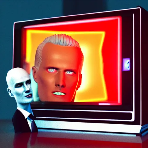 Prompt: a hyperrealistic 3 d render of max headroom on a vintage tv, octane render, unreal engine, 8 k, photorealistic, trending on artstation, ultra detailed, volumetric lighting, dramatic lighting, lasers, neon