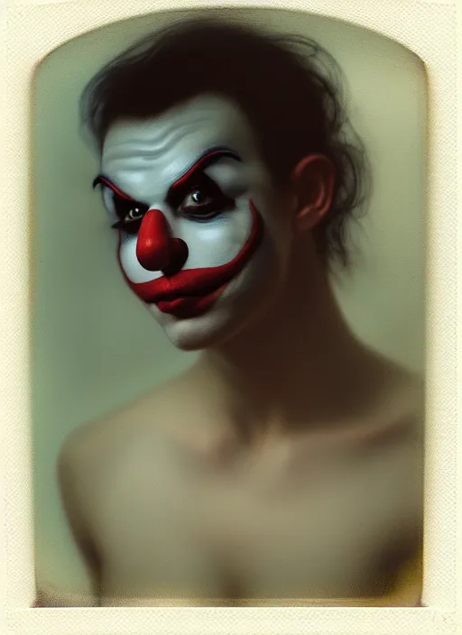 Image similar to polaroid selfie of clown influencer, diaphanous, render, octane, detailed, award winning photography, masterpiece, dark backround, highly detailed, digital illustration, trending in artstation, modern painting, smooth, sharp focus, intricate, einar jonsson and bouguereau