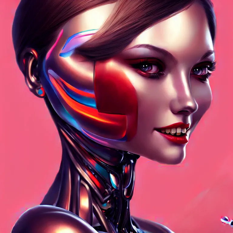 Image similar to android robot woman face painting, looking straight to camera, moderate colors, ornate, digital art, cute smile, winning artwork, digital painting, professional art, elegant, by Ilya Kuvshinov, by artgerm