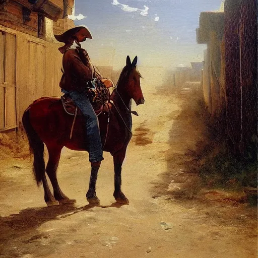 Prompt: oil painting cowboy on dusty street, very very very very very beautiful nature art, masterpiece, realistic and detailed, romanticism by goya