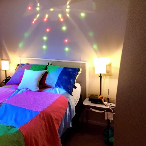 Prompt: a day trader named jay putting up nanoleaf lights in his bedroom