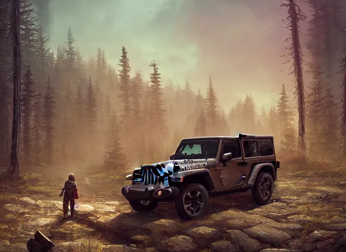 Prompt: jeep wrangler, an epic fantasy, dramatic lighting, cinematic, establishing shot, extremely high detail, photorealistic, cinematic lighting, artstation, by simon stalenhag, horizon forbidden west