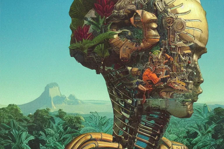 Prompt: gigantic robot - girl head floating in the space, a lot of exotic plants, trees, flowers, oldschool vintage sci - fi flat surreal grainy design, super - detailed, oil painting by moebius, hd, 4 k, high quality