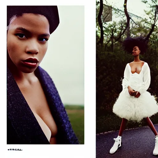 Image similar to realistic! photoshoot for a new chanel lookbook, color film photography, portrait of a beautiful woman, location outdoor, in style of tyler mitchell, 35mm