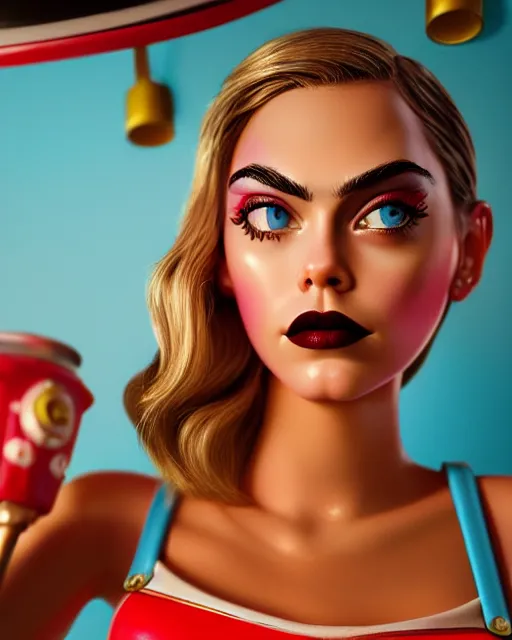 Image similar to closeup profile face profile portrait of a tin toy cara delevigne as a waitress in a diner, bikini, hyper realistic, artstation, illustration, concept art by dan decarlo, digital paint, matte paint, vivid colors, bright, cheerful, detailed and intricate environment