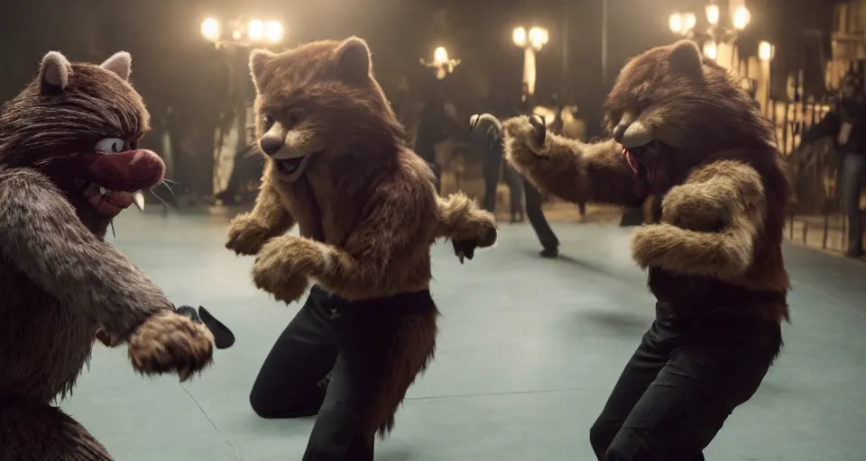 Prompt: still of nicolas cage fighting furry cosplayers, 4 k, amazing details, 3 5 mm, beautiful choreographed fight scene, beautiful composition, shot by director park chan - wook