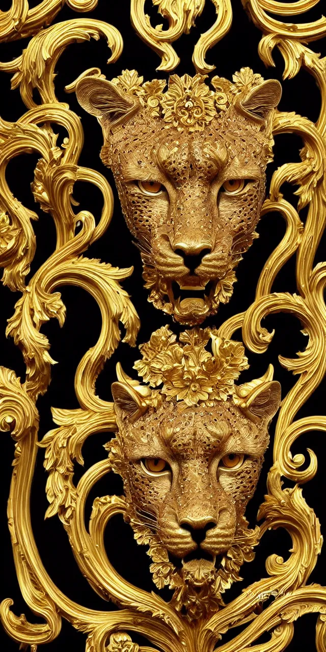 Image similar to beautiful portrait of a large ornate and intricate rococo cheetah face, symmetric, carved marble with gold accents, 3 d, photorealistic, front facing, centered, hyper detailed, gold plated on black background, wallpaper, detailed and intricate emblem, baroque medallion,