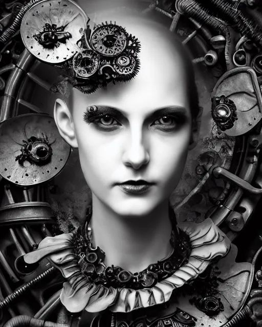 Image similar to black and white dreamy foggy smoky detailed profile face portrait, one silver steampunk eye biomechanical beautiful young female cyclope - cyborg - robot bust, body ribs meshes,, volumetric light, hibiscus flowers, rim light, by dora maar and cecile beaton, big gothic fashion pearl embroidered collar, 8 k