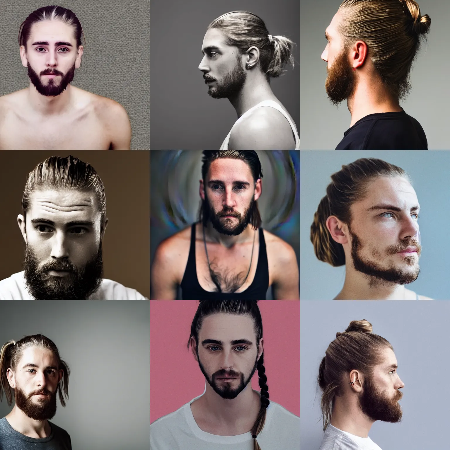 Prompt: photo of a white man with a manbun, portrait, realistic, photograph