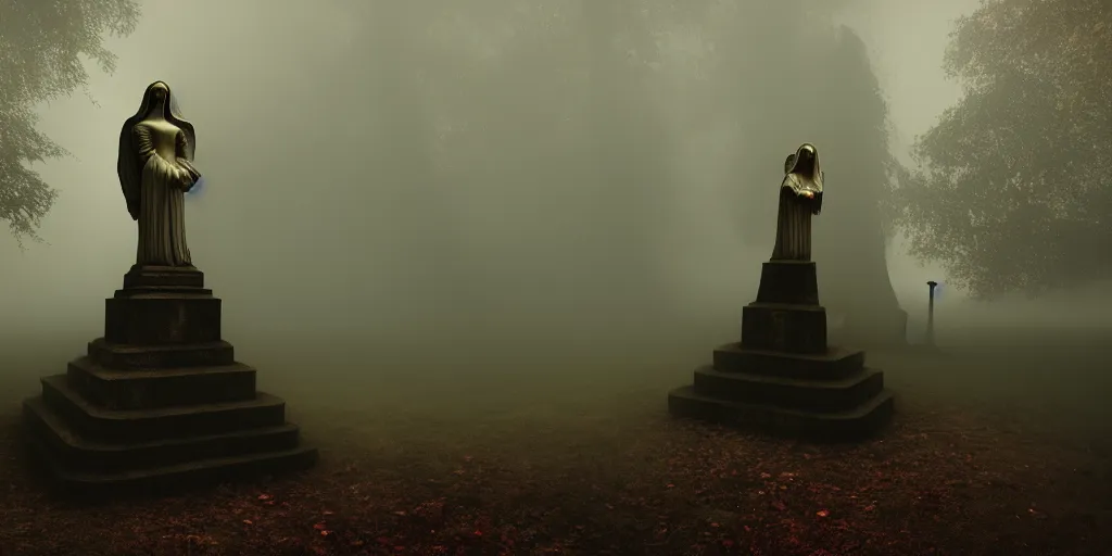 Image similar to creepy horror, Highgate cemetery, angel statuettes, tombs, blanket of fog, rain, volumetric lighting, beautiful, golden hour, sharp focus, ultra detailed, cgsociety