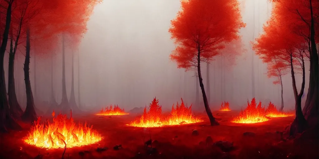 Image similar to A flaming forest , flaming leaves,Magma,flame stones are scattered, flame ferns, flame shrubs, huge flame Fantasy plant,covered in flame porcelain vine, artstation,by Jakub Rozalski, Greg Rutkowski,anthony avon