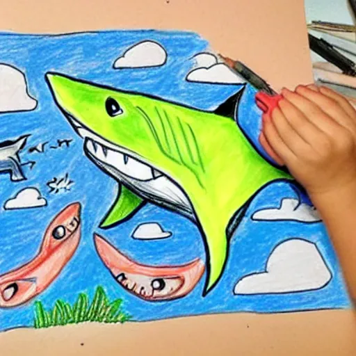 Prompt: hyper realistic children's drawing of a shark attack