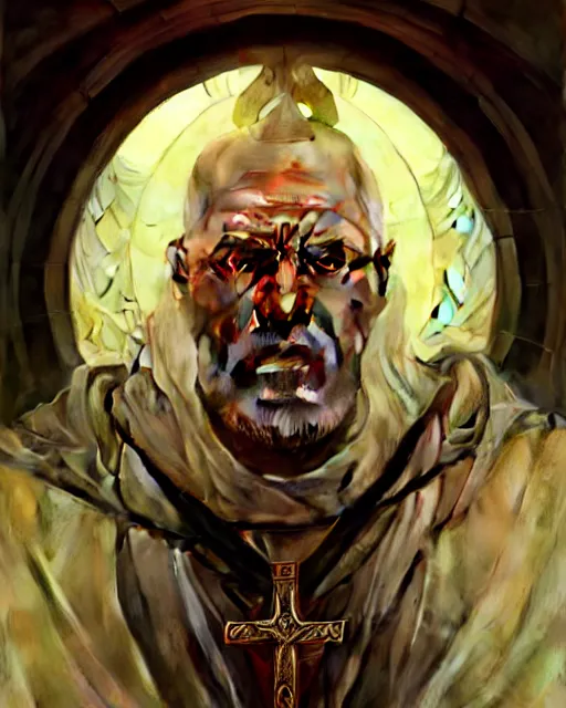 Image similar to realistic portrait of a nasty bishop, cross, evil, heroic pose, beautiful face, bible, full body, dramatic lighting, intricate, wild, highly detailed, digital painting, artstation, concept art, smooth, sharp focus, illustration, art by artgerm and greg rutkowski and alphonse mucha, footage from space camera