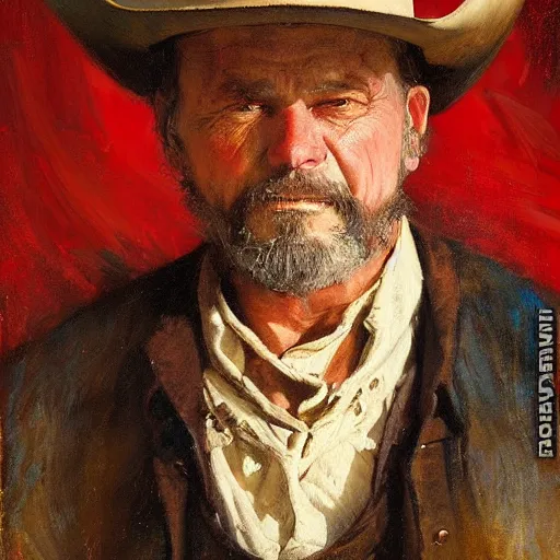 Image similar to Solomon Joseph Solomon and Richard Schmid and Jeremy Lipking victorian genre painting portrait painting of a old rugged cowboys gunfighter old west character in fantasy costume, red background