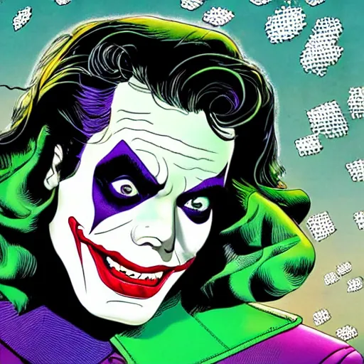 Image similar to dynamic macro head portrait of beautifu michael jackson as the joker in white sequined jacket by john romita sr and cory walker and ryan ottley and jack kirby and barry windsor - smith, comic, illustration, photo real