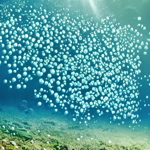 Image similar to army of air bubbles under water, fantasy