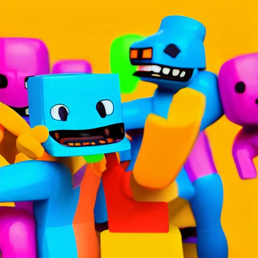 Image similar to high quality 3d render of happy roblox figures, bright and fun colors, octane render, trending on artstation